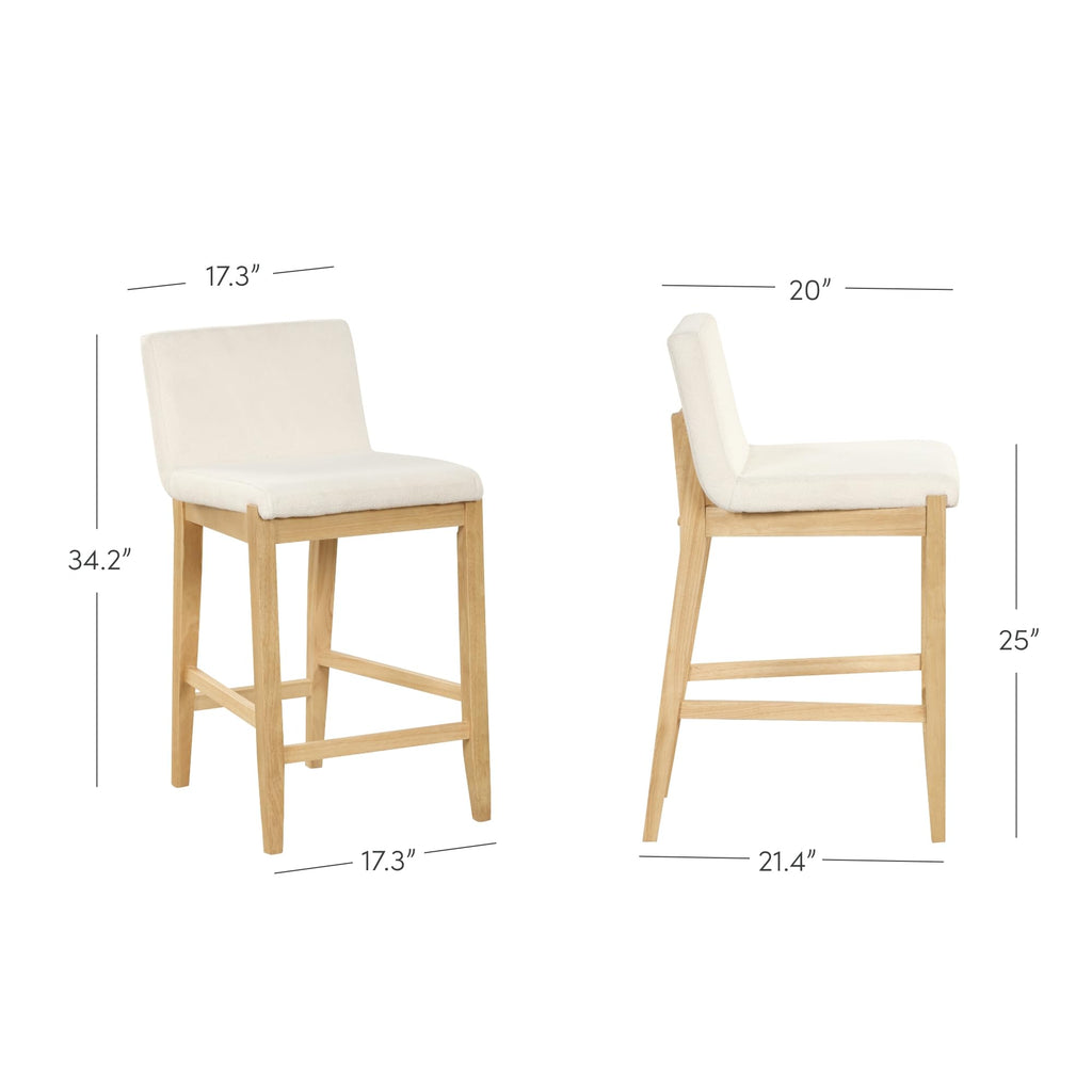 Nathan James Gracie Modern Counter Height Bar Stool with Back, Counter Stool Upholstered Chair with Natural Textured Linen and Brushed Wooden Legs, Cream Boucle/Light Brown, Set of 2