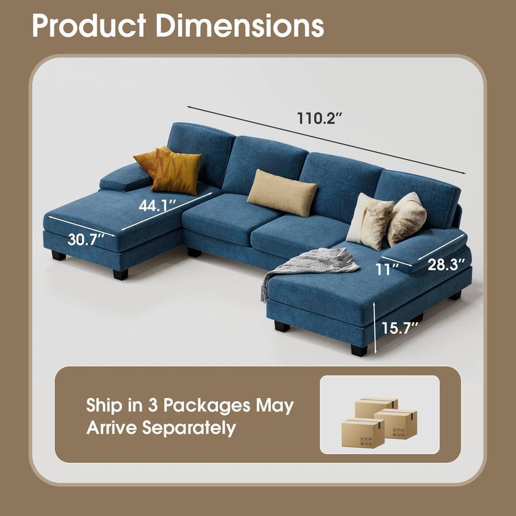 Furmax Sectional Couches for Living Room, U-Shaped Sofa Couch with Linen Fabric, 4 Seat Sofa Set with Double Chaise for Apartment (Fabric, Blue)