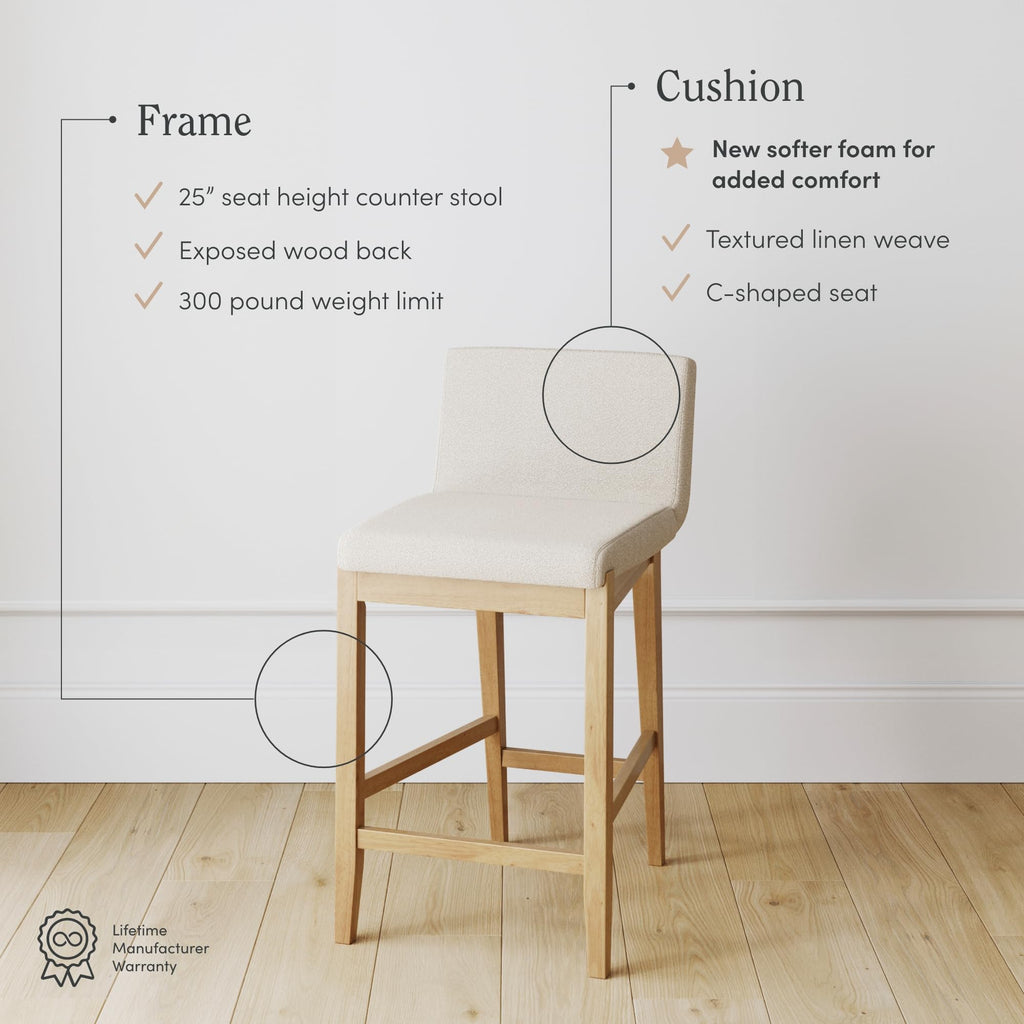 Nathan James Gracie Modern Counter Height Bar Stool with Back, Counter Stool Upholstered Chair with Natural Textured Linen and Brushed Wooden Legs, Cream Boucle/Light Brown, Set of 2