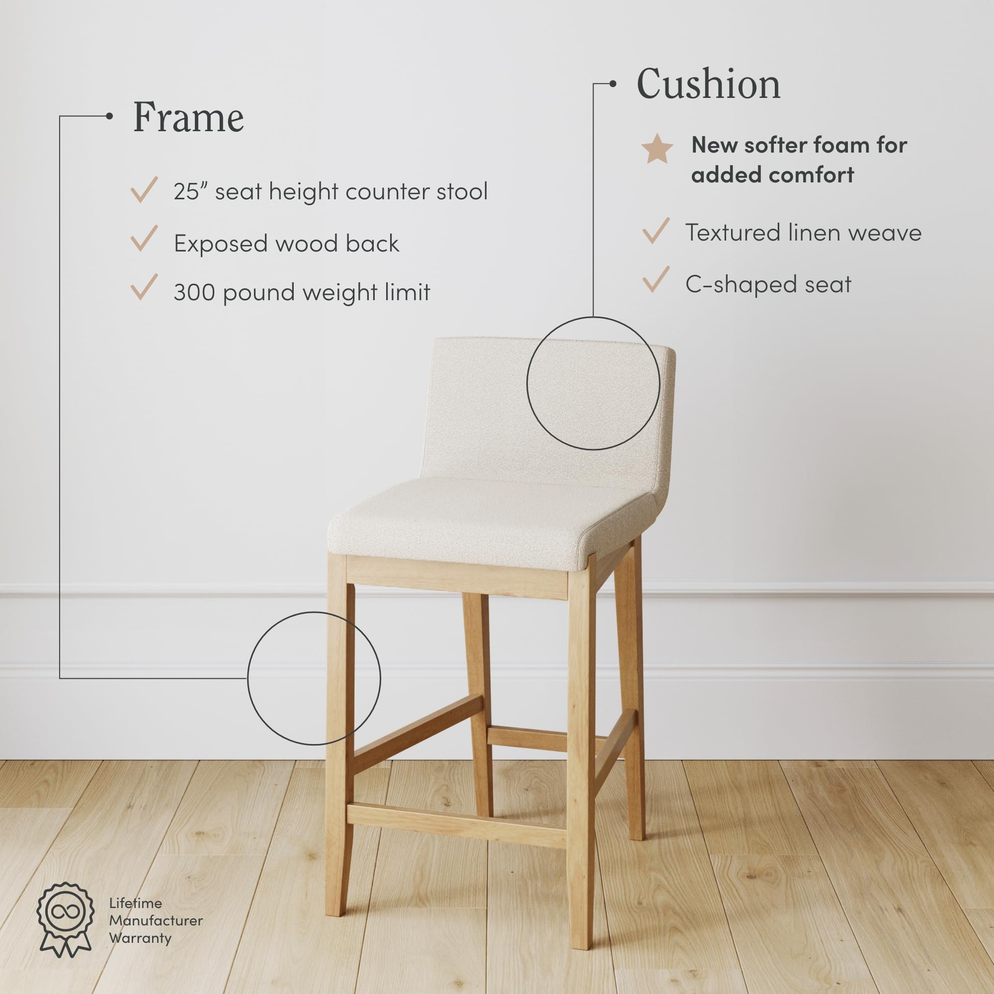 Nathan James Gracie Modern Counter Height Bar Stool with Back, Counter Stool Upholstered Chair with Natural Textured Linen and Brushed Wooden Legs, Cream Boucle/Light Brown, Set of 2