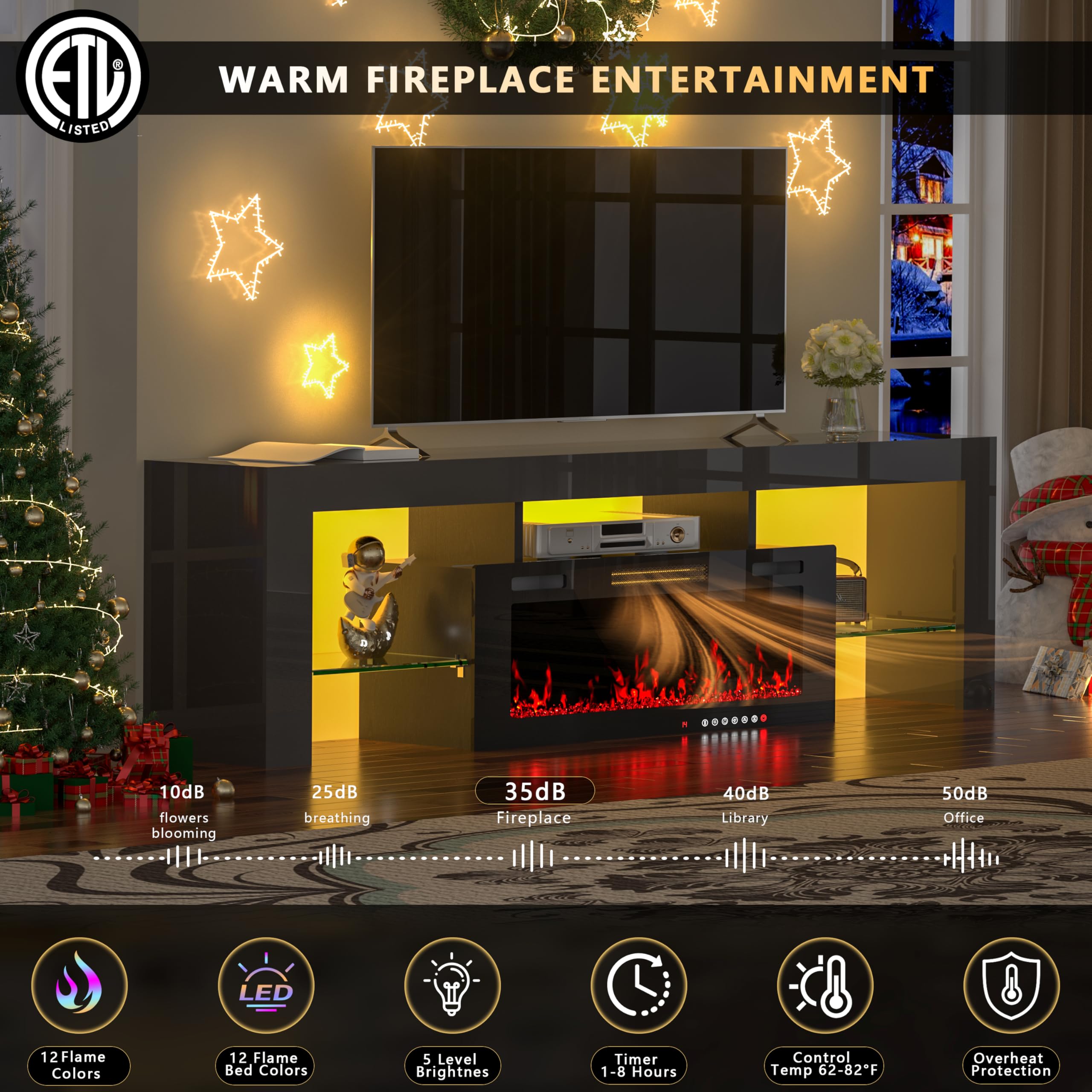TOLEAD 70" TV Stand with 36" Electric Fireplace,Gaming Entertainment Center 12 Flame Colors & 196 Color-Changing LED Lights and High-Gloss Cabinet for Living Room