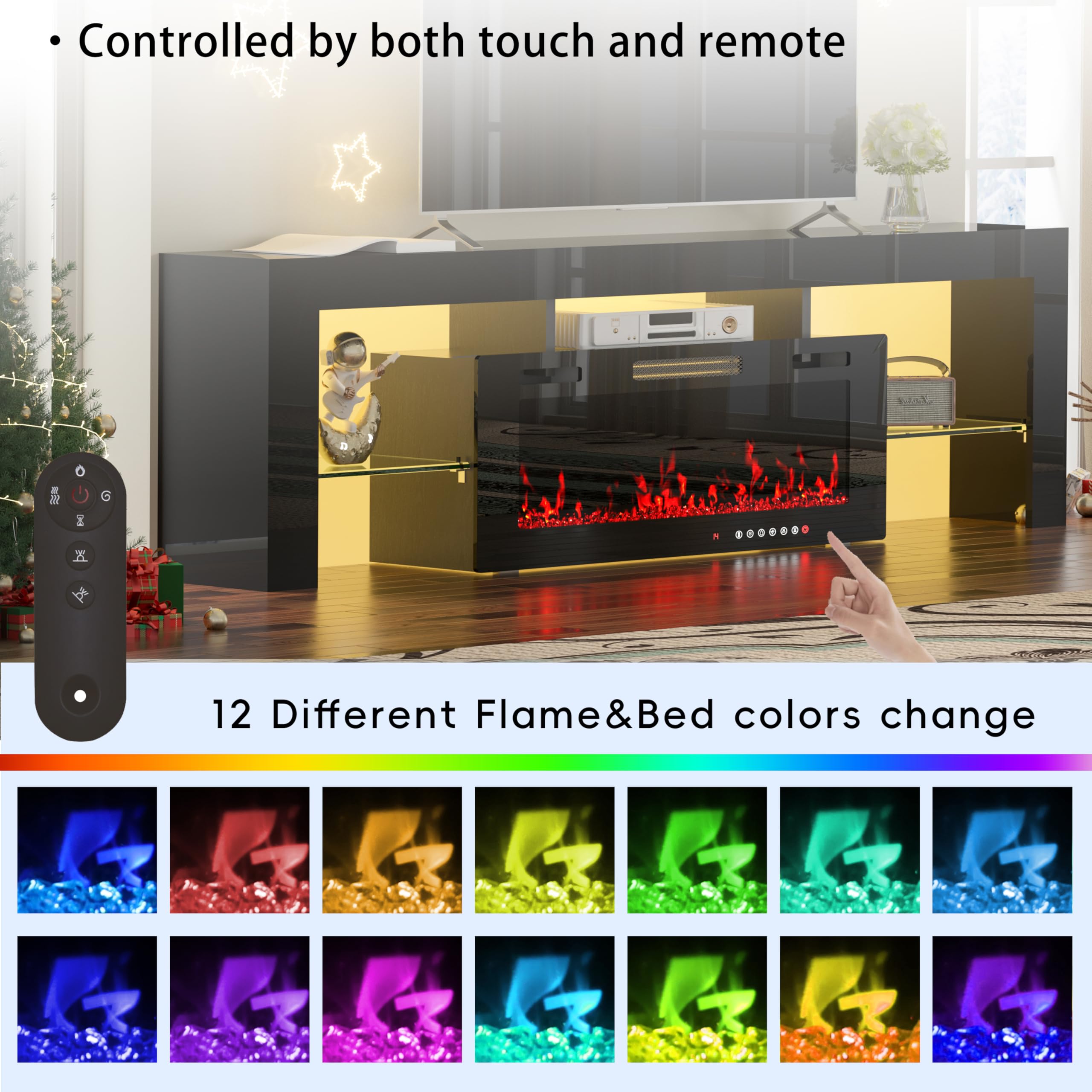 TOLEAD 70" TV Stand with 36" Electric Fireplace,Gaming Entertainment Center 12 Flame Colors & 196 Color-Changing LED Lights and High-Gloss Cabinet for Living Room
