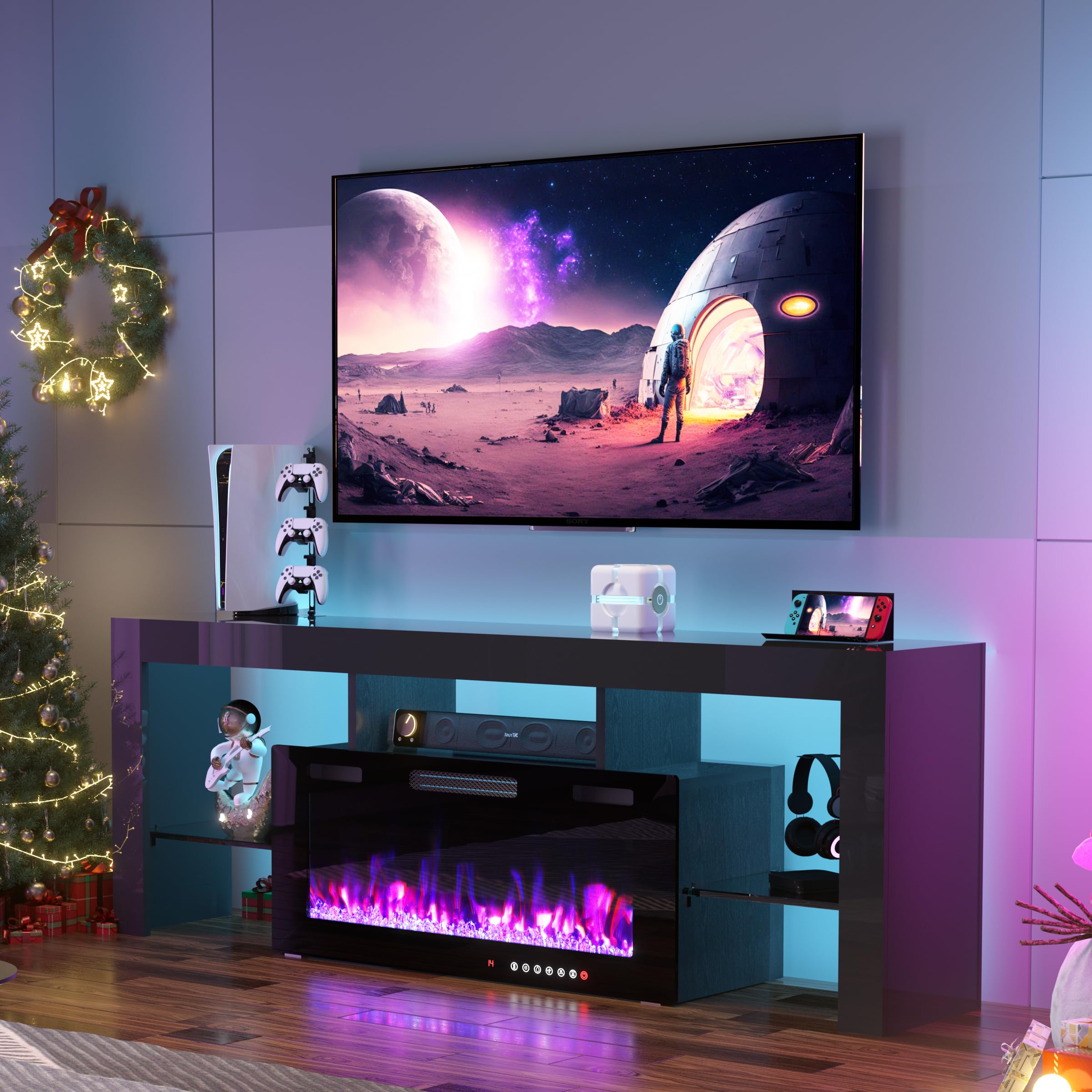 TOLEAD 70" TV Stand with 36" Electric Fireplace,Gaming Entertainment Center 12 Flame Colors & 196 Color-Changing LED Lights and High-Gloss Cabinet for Living Room