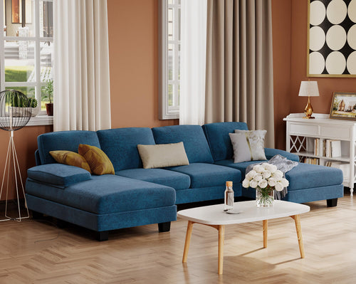 Furmax Sectional Couches for Living Room, U-Shaped Sofa Couch with Linen Fabric, 4 Seat Sofa Set with Double Chaise for Apartment (Fabric, Blue)