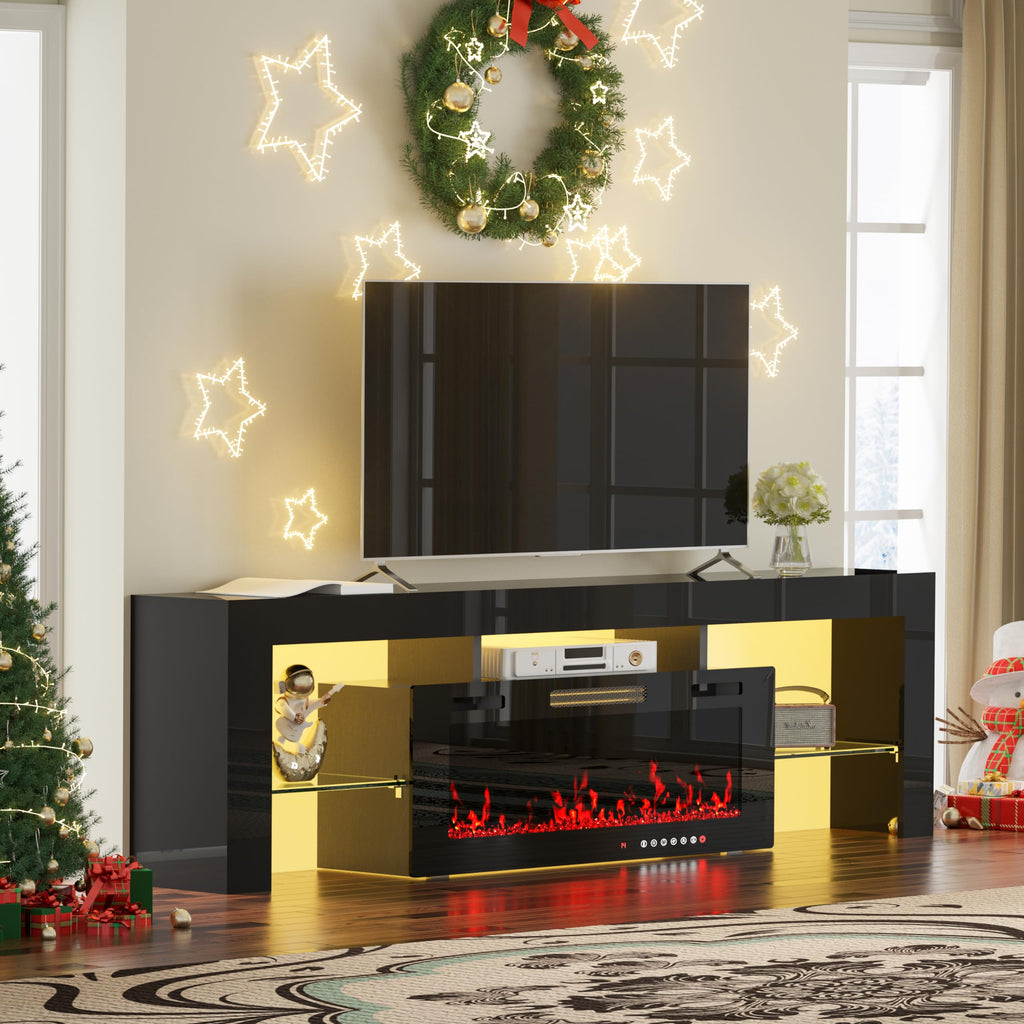 TOLEAD 70" TV Stand with 36" Electric Fireplace,Gaming Entertainment Center 12 Flame Colors & 196 Color-Changing LED Lights and High-Gloss Cabinet for Living Room