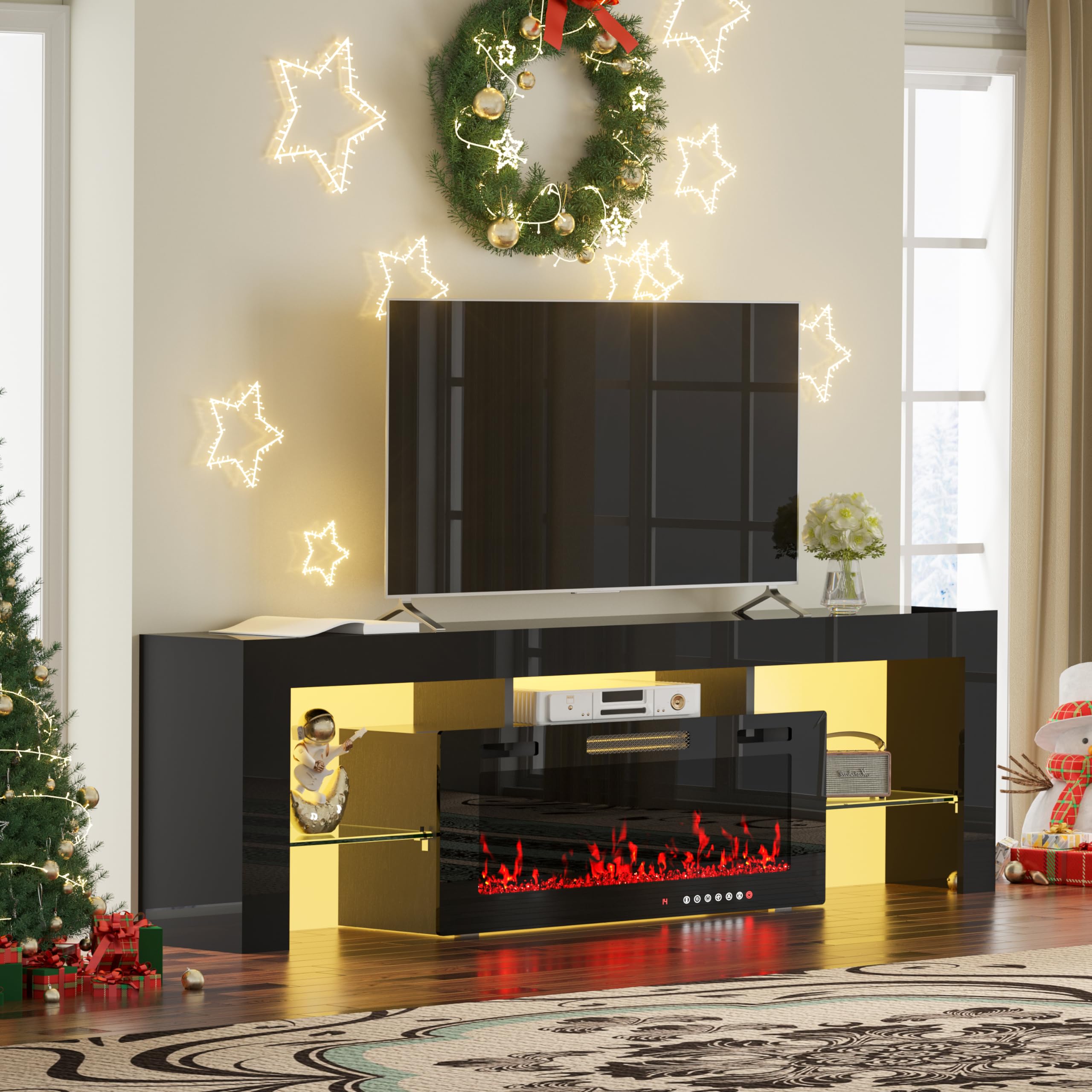TOLEAD 70" TV Stand with 36" Electric Fireplace,Gaming Entertainment Center 12 Flame Colors & 196 Color-Changing LED Lights and High-Gloss Cabinet for Living Room