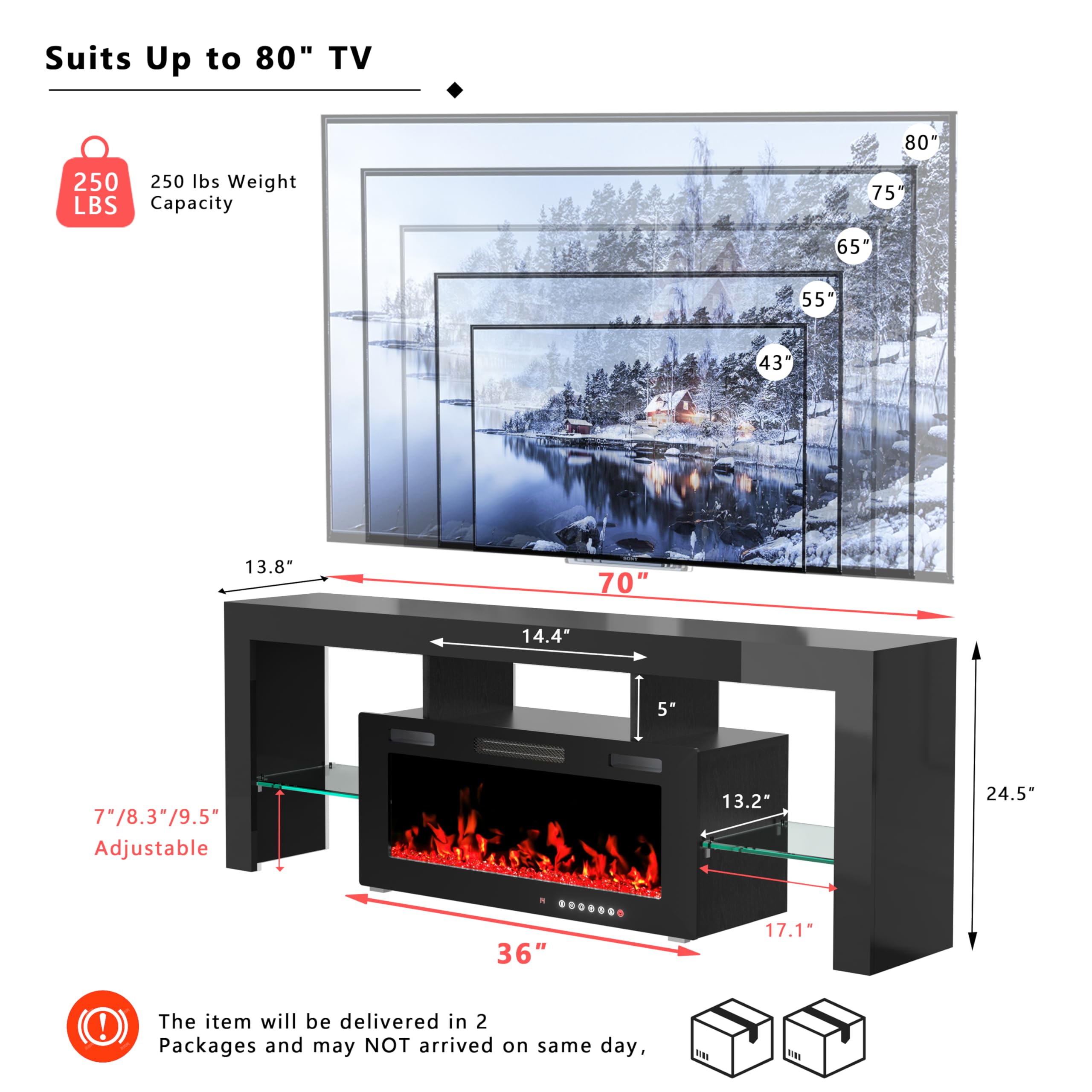 TOLEAD 70" TV Stand with 36" Electric Fireplace,Gaming Entertainment Center 12 Flame Colors & 196 Color-Changing LED Lights and High-Gloss Cabinet for Living Room