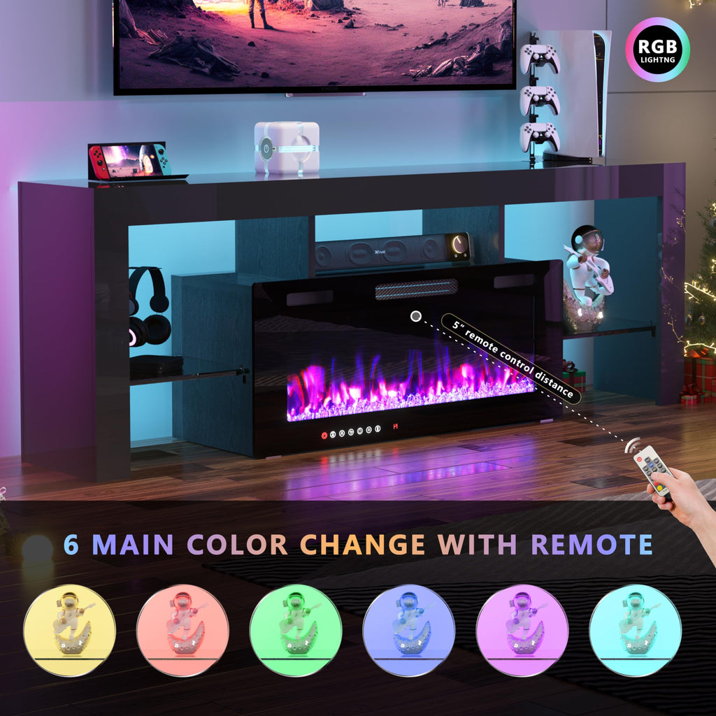 TOLEAD 70" TV Stand with 36" Electric Fireplace,Gaming Entertainment Center 12 Flame Colors & 196 Color-Changing LED Lights and High-Gloss Cabinet for Living Room