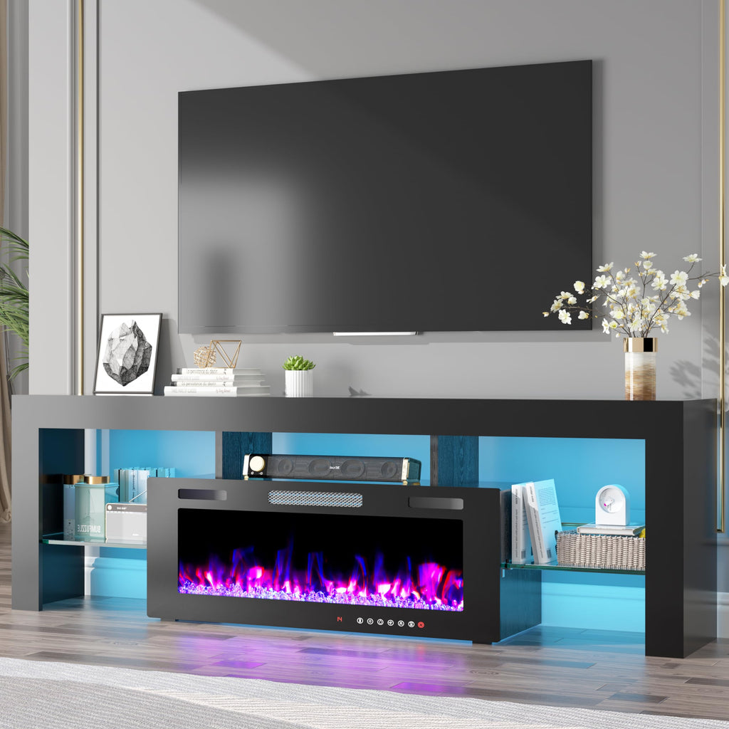 TOLEAD 70" TV Stand with 36" Electric Fireplace,Gaming Entertainment Center 12 Flame Colors & 196 Color-Changing LED Lights and High-Gloss Cabinet for Living Room