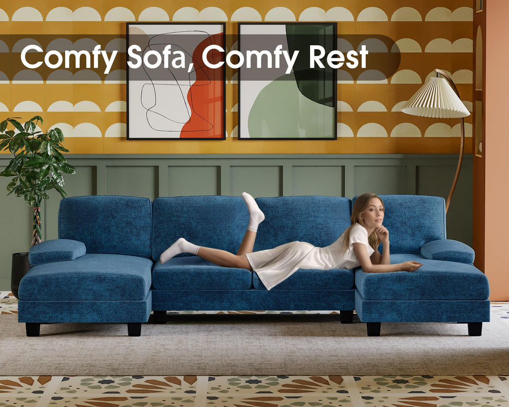Furmax Sectional Couches for Living Room, U-Shaped Sofa Couch with Linen Fabric, 4 Seat Sofa Set with Double Chaise for Apartment (Fabric, Blue)
