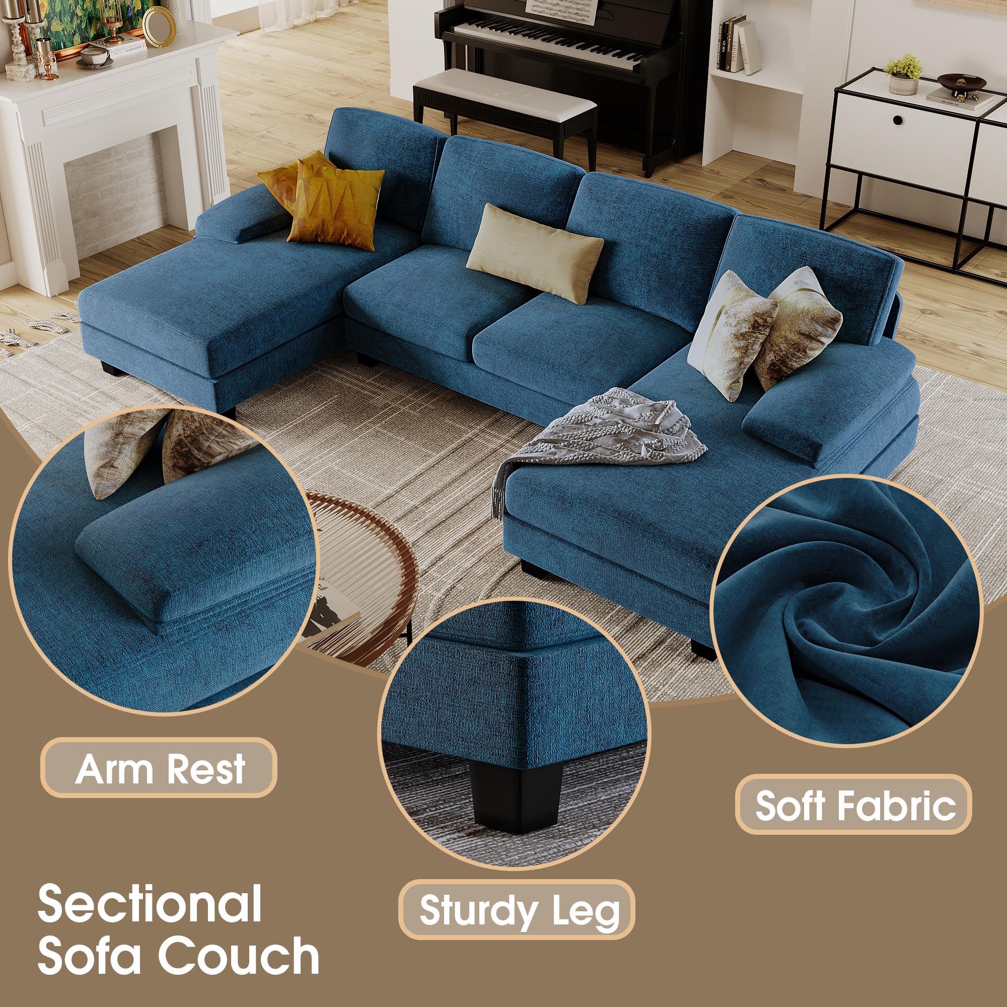 Furmax Sectional Couches for Living Room, U-Shaped Sofa Couch with Linen Fabric, 4 Seat Sofa Set with Double Chaise for Apartment (Fabric, Blue)
