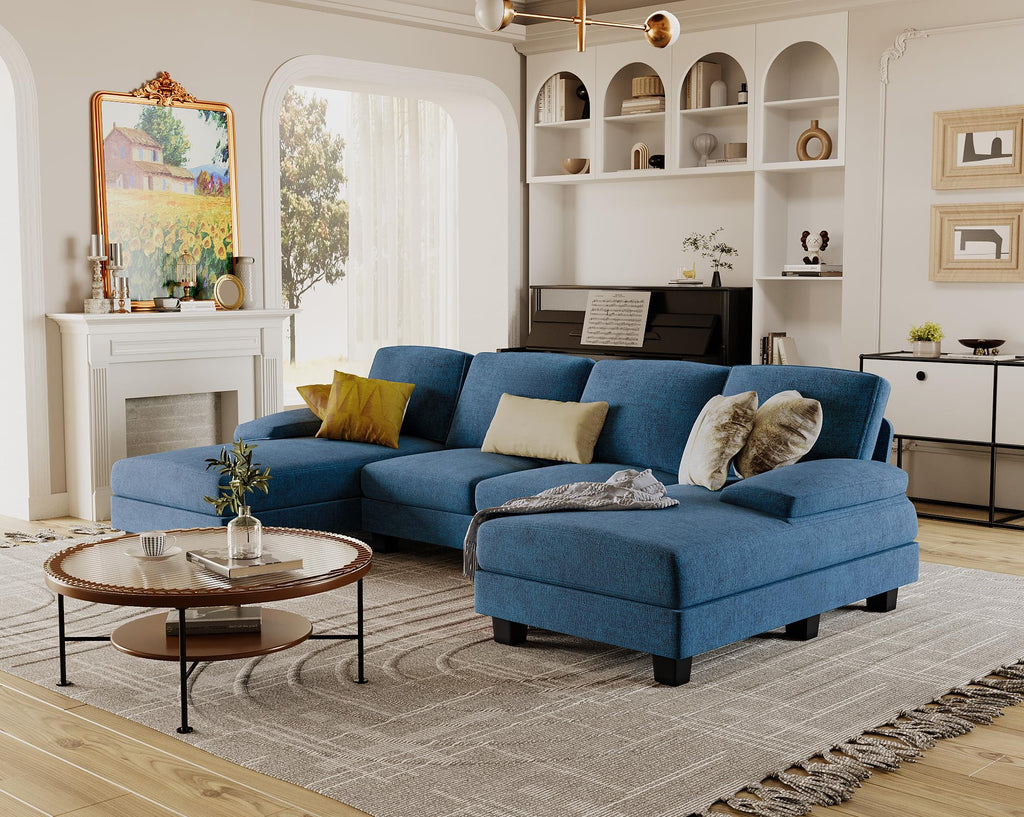 Furmax Sectional Couches for Living Room, U-Shaped Sofa Couch with Linen Fabric, 4 Seat Sofa Set with Double Chaise for Apartment (Fabric, Blue)
