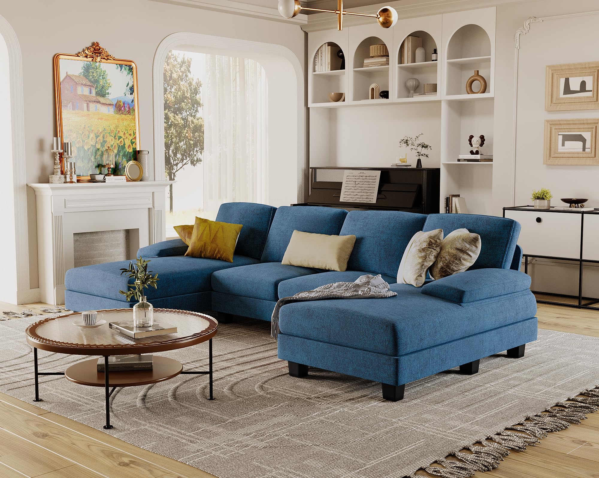 Furmax Sectional Couches for Living Room, U-Shaped Sofa Couch with Linen Fabric, 4 Seat Sofa Set with Double Chaise for Apartment (Fabric, Blue)